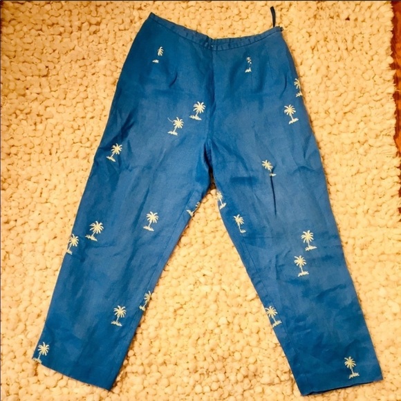 Talbots | Irish Linen Petite Blue Fully Lined Embroidered Palm Tree Pants 4 P - Picture 1 of 4
